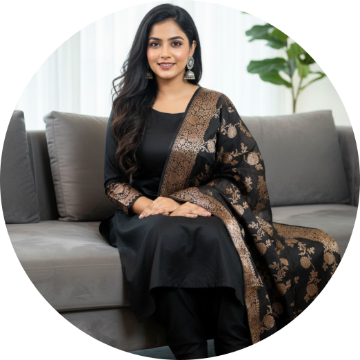 Woman wearing a black and gold traditional outfit sitting on a couch.