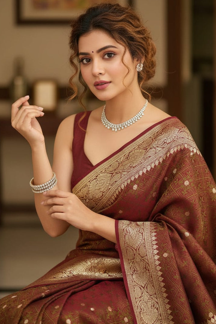 Woman wearing a traditional maroon saree with gold patterns indoors.