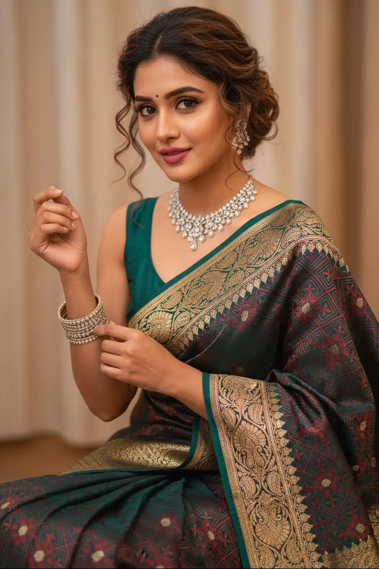 Woman wearing a traditional saree with jewelry against a neutral background