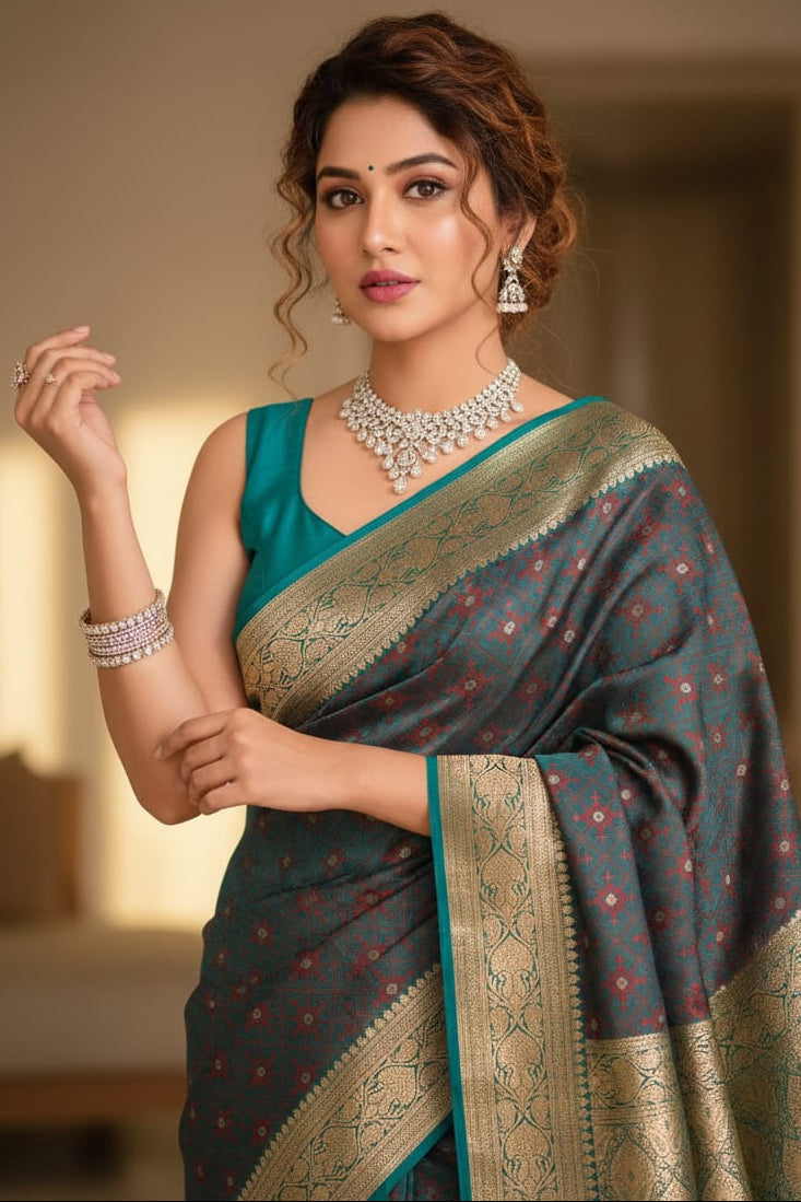 Woman wearing a traditional saree with jewelry indoors