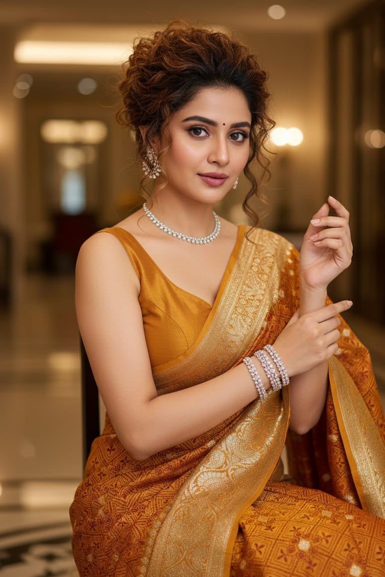 Woman in a traditional orange saree with jewelry indoors