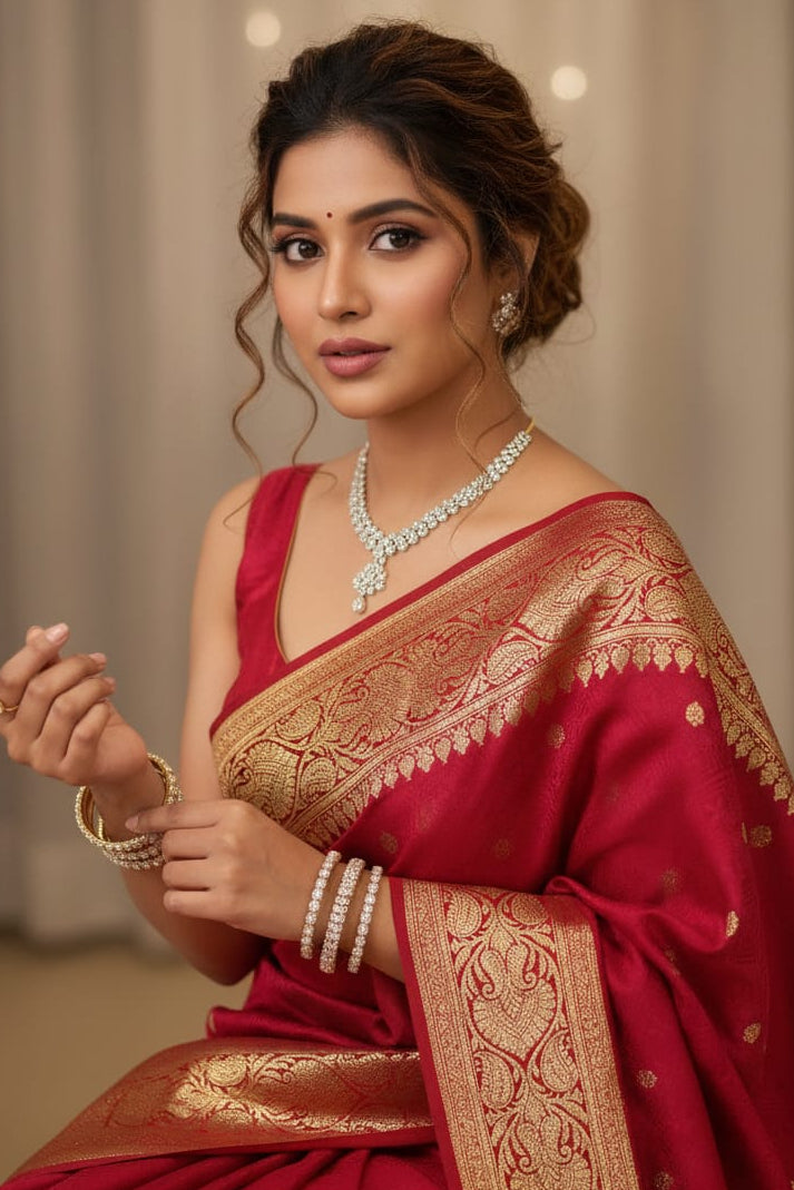 Woman in a red saree with gold border against a neutral background