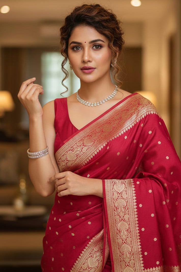 Woman in a red saree with gold patterns in an indoor setting