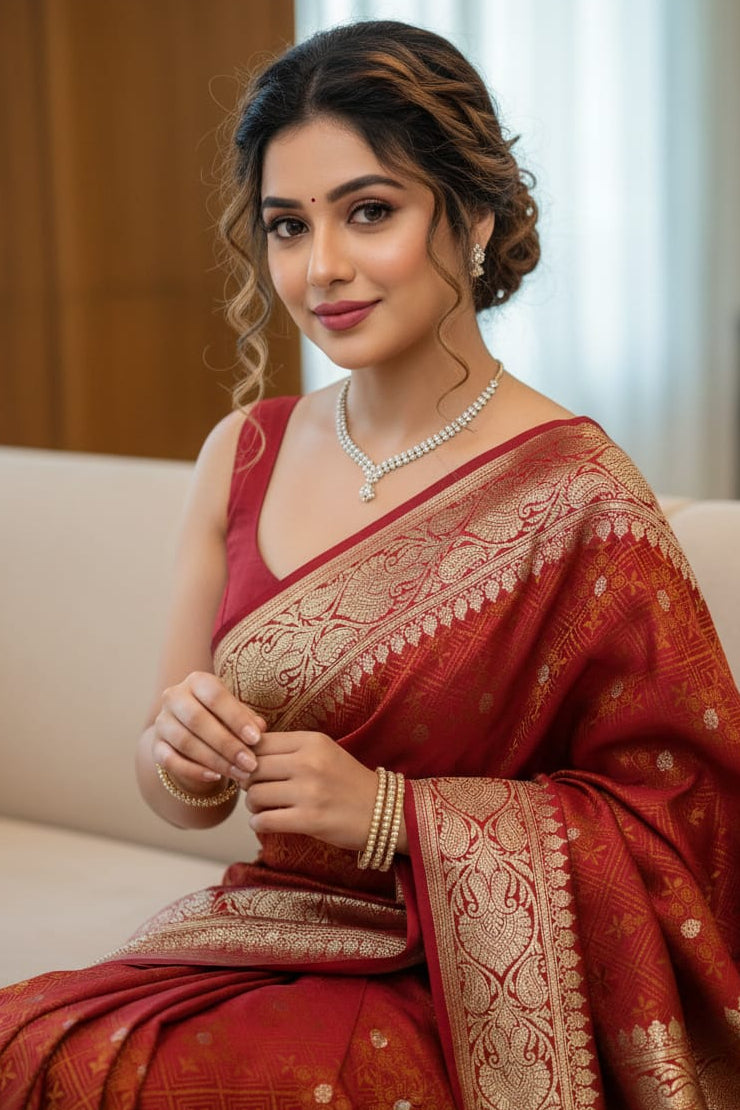 Woman in a red saree with gold patterns sitting on a couch.