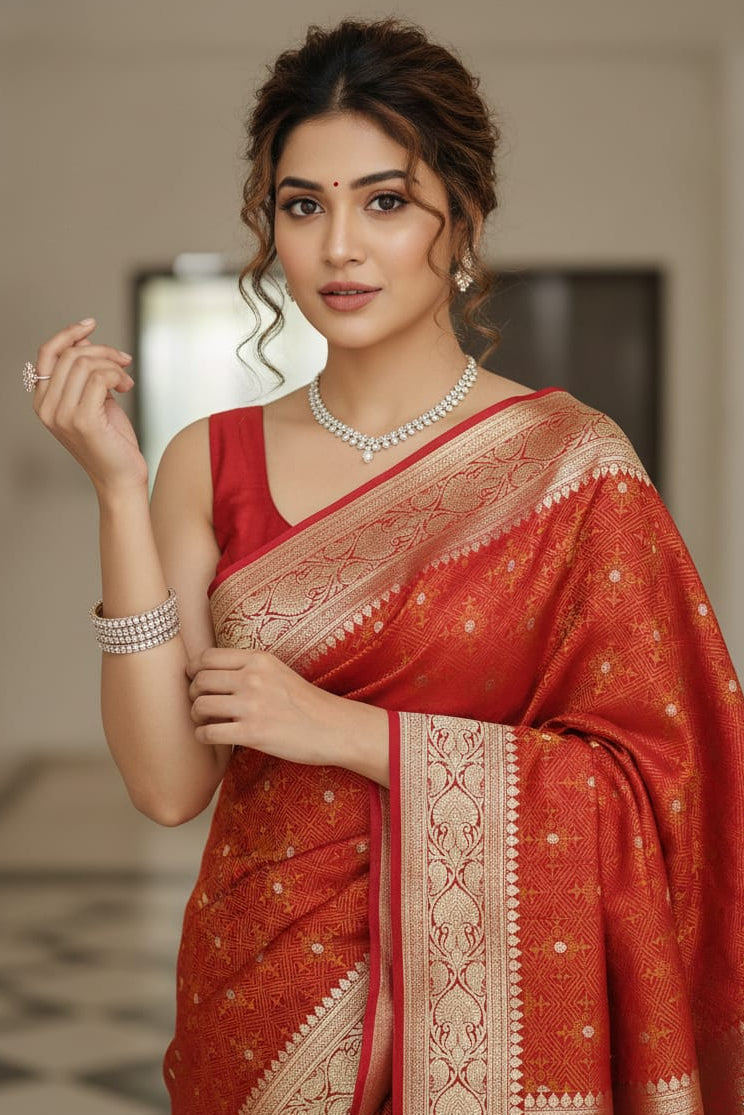 Woman wearing a red saree with gold patterns indoors