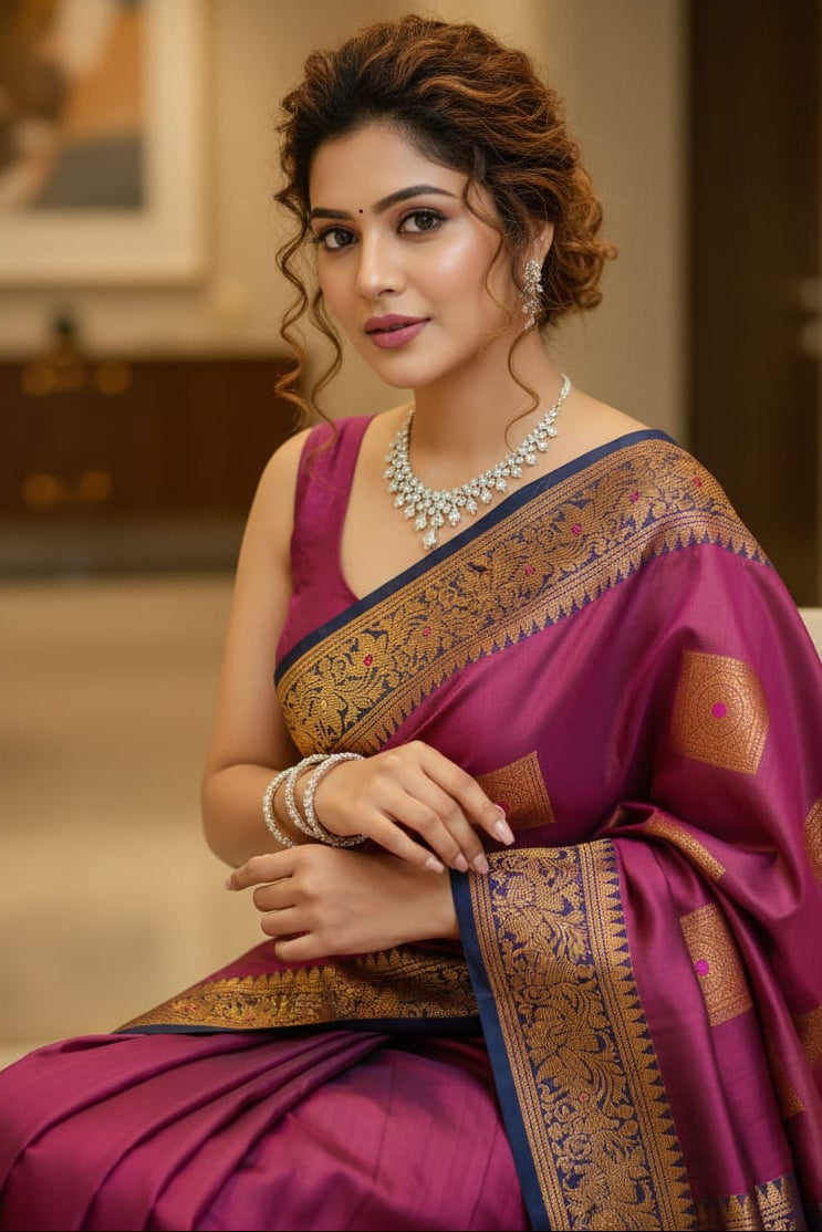Woman in a traditional pink saree with gold patterns indoors