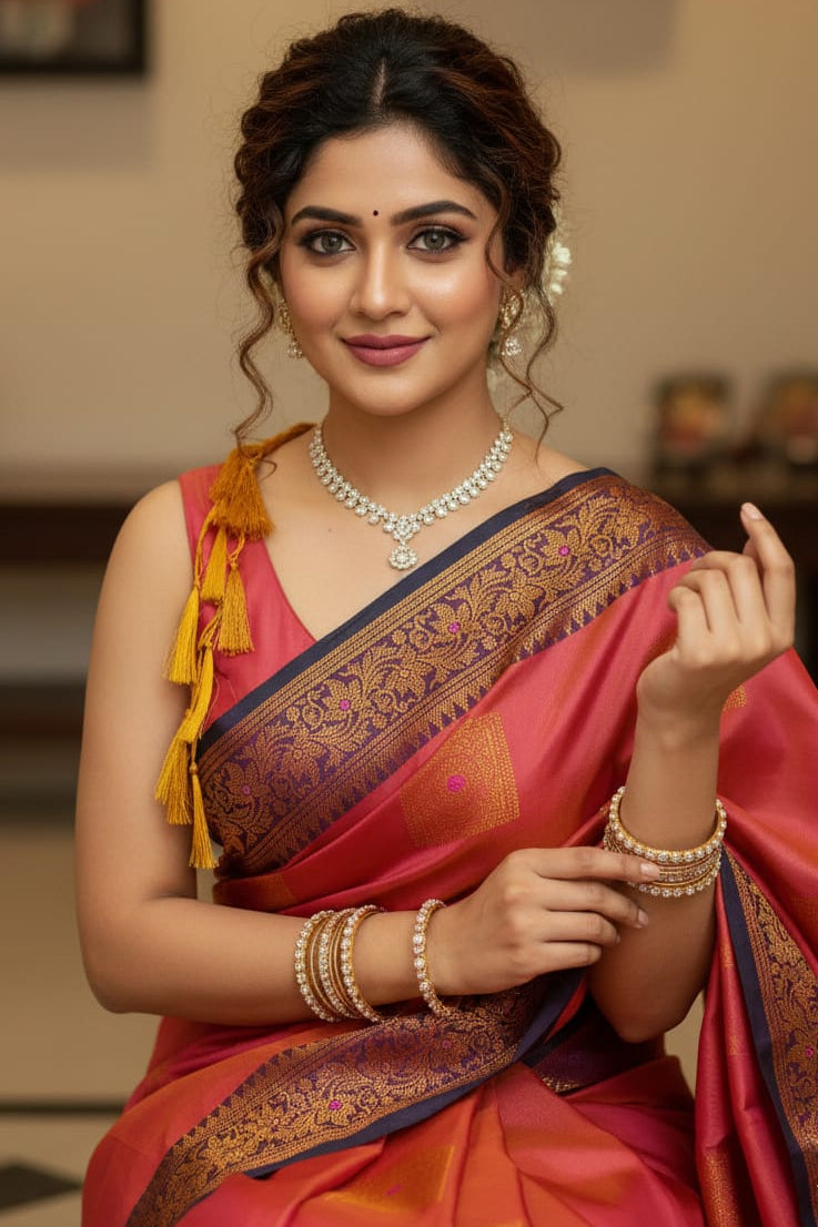 Woman in a traditional saree with jewelry indoors