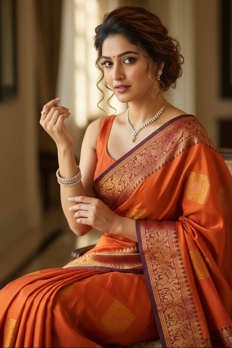 Woman in an orange saree with gold patterns indoors