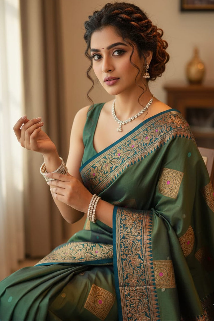 Woman wearing a green saree with intricate patterns indoors.