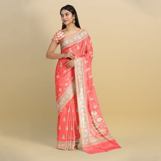 Peach Banarasi Matka Silk Saree