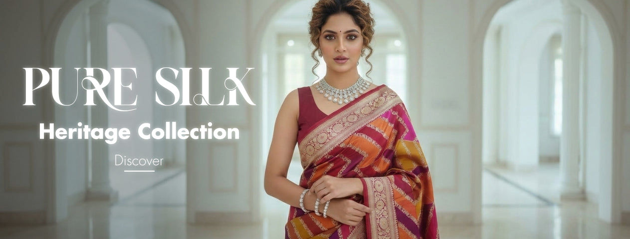 Woman wearing a colorful saree with 'PURE SILK Heritage Collection' text in the background