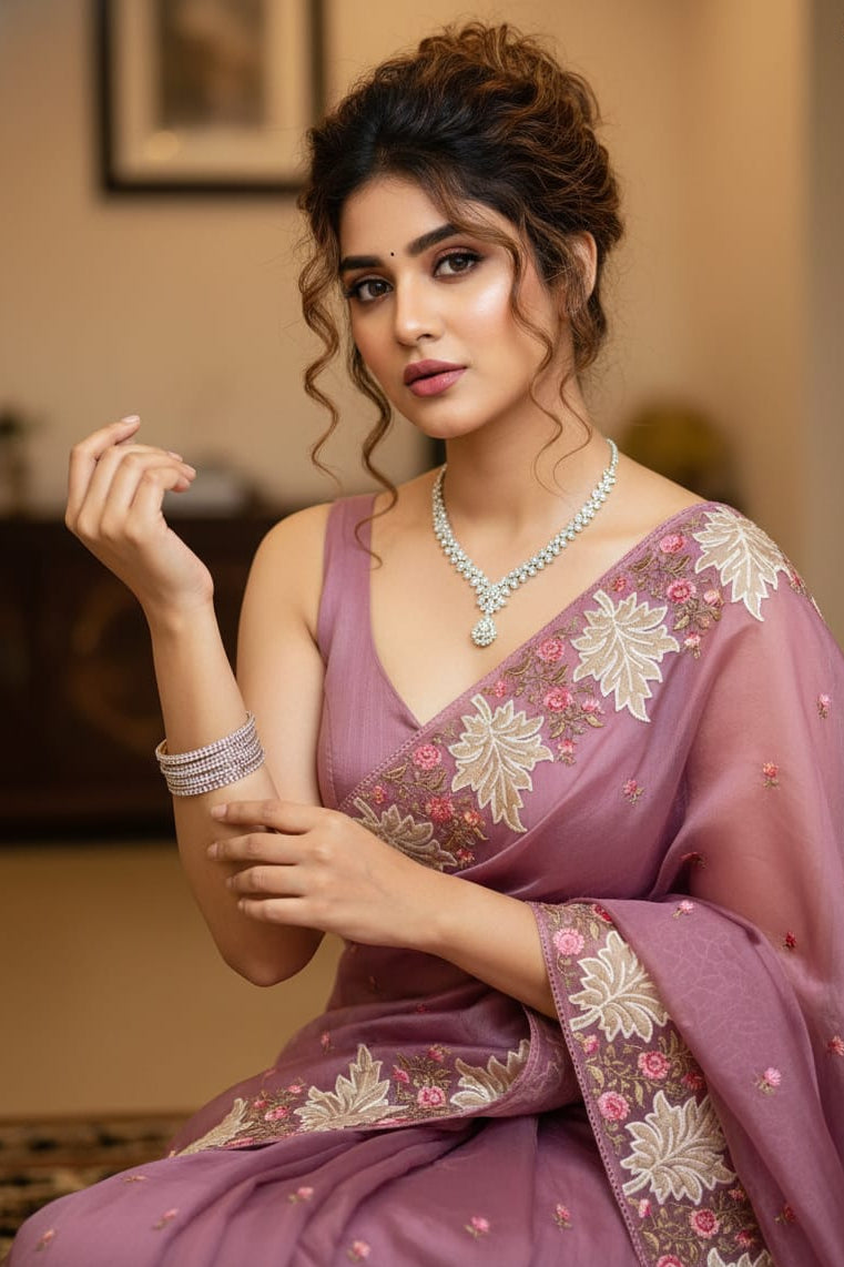 Woman in a purple saree with floral patterns indoors