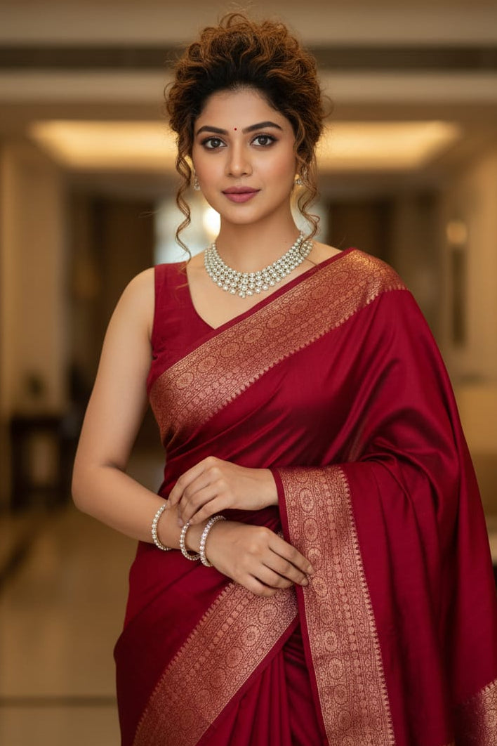 Woman in a red saree with gold border indoors