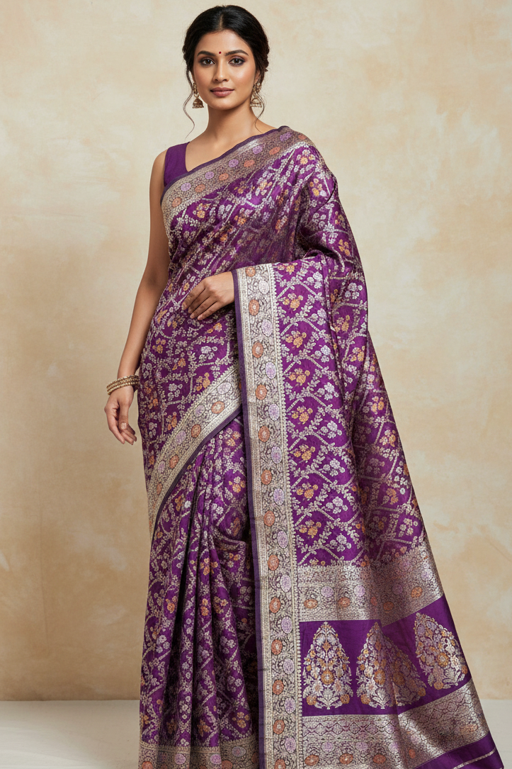 Woman wearing a purple saree with intricate patterns on a beige background