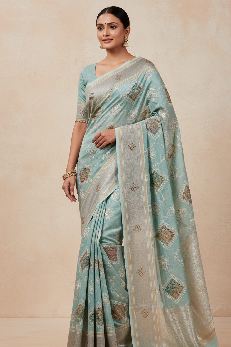 Woman wearing a light blue saree with a subtle pattern on a beige background