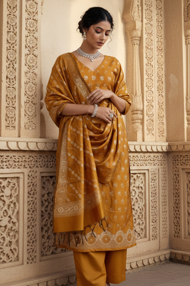 Woman in a mustard yellow traditional outfit standing in front of ornate wall.