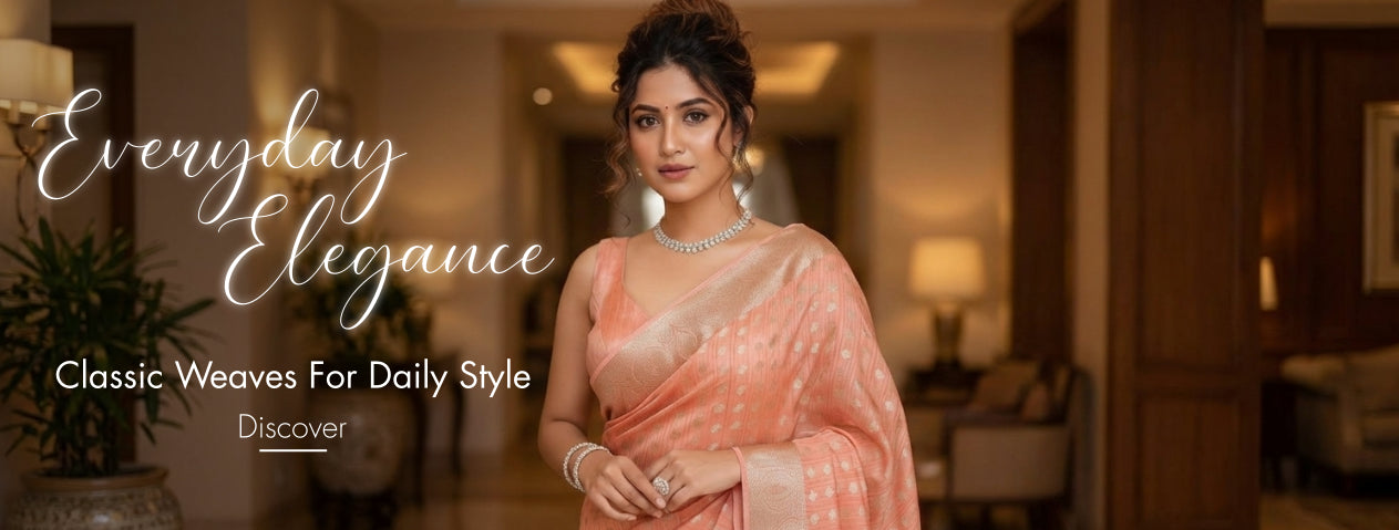 Woman in a peach saree with text overlay 'Everyday Elegance' in a warm indoor setting.