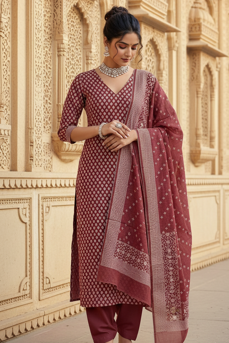 Woman in traditional maroon outfit with white patterns standing in front of an ornate architectural background.