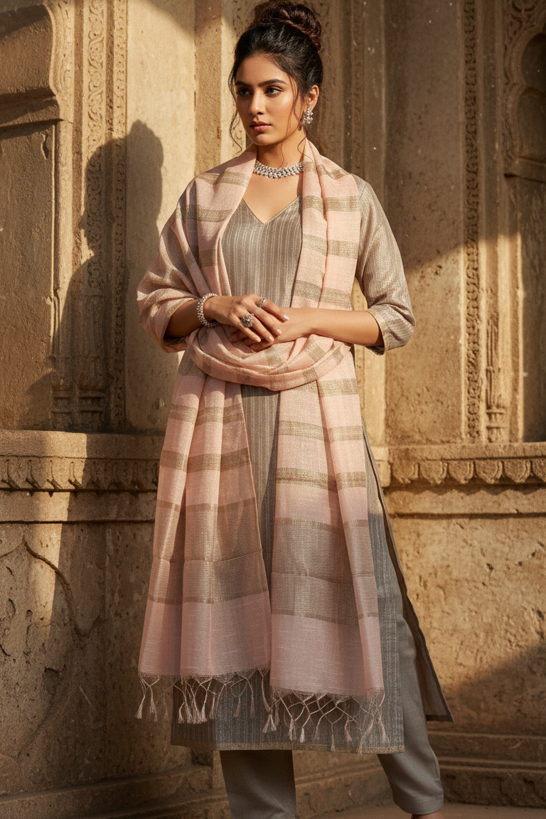 Woman wearing a traditional outfit with a pink and gray scarf in an architectural setting