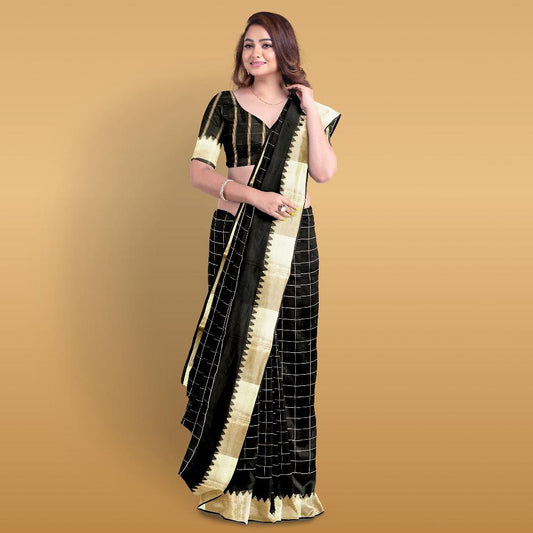 The Sangam SIlks Elegant Black Cotton Silk Saree with Gold Zari Border - Semi Pure
