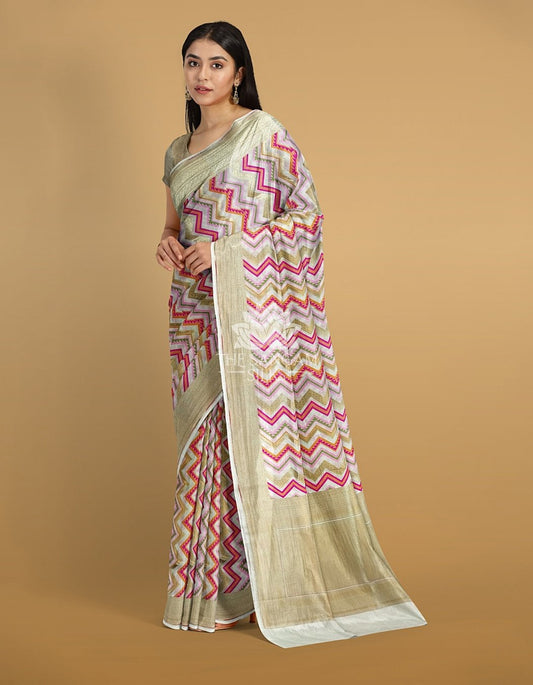 The Sangam Silks Model Wearing Banarasi Katan Silk Cream Multicolor Rangkaat Front Facing