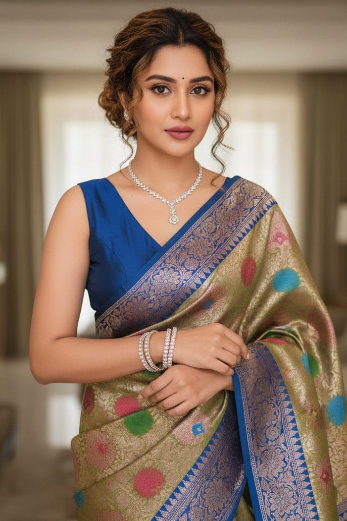 Woman wearing a traditional saree with a blue blouse in an indoor setting