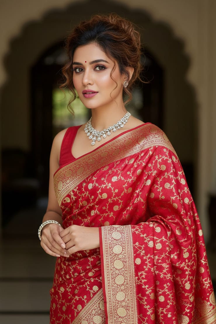 Woman wearing a red saree with gold patterns in an indoor setting