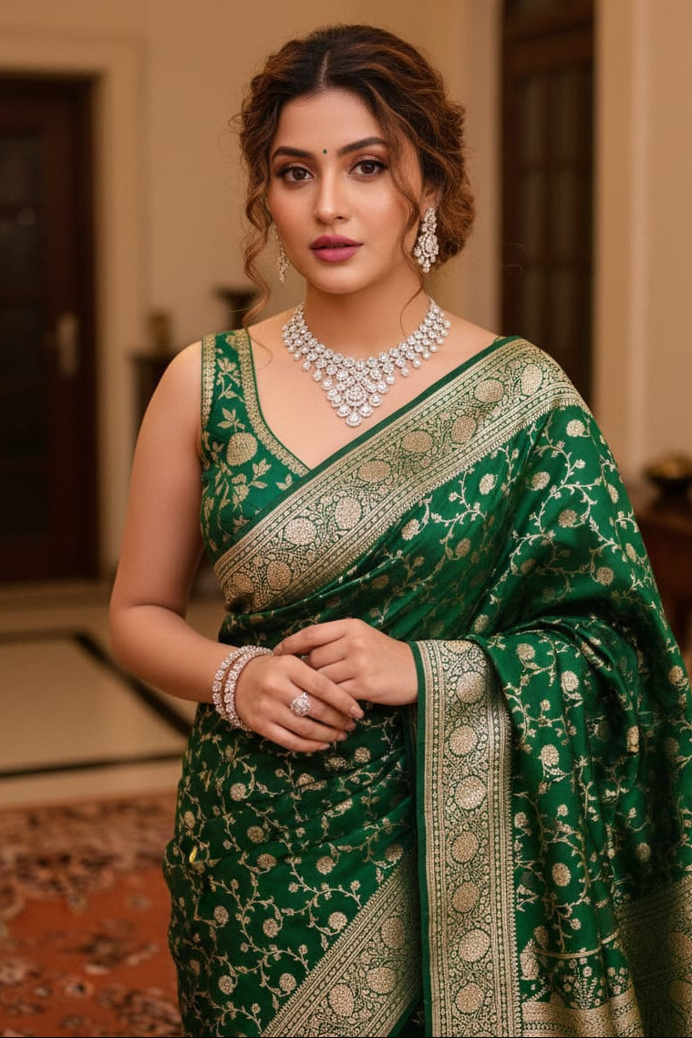 Woman in a green saree with gold patterns indoors