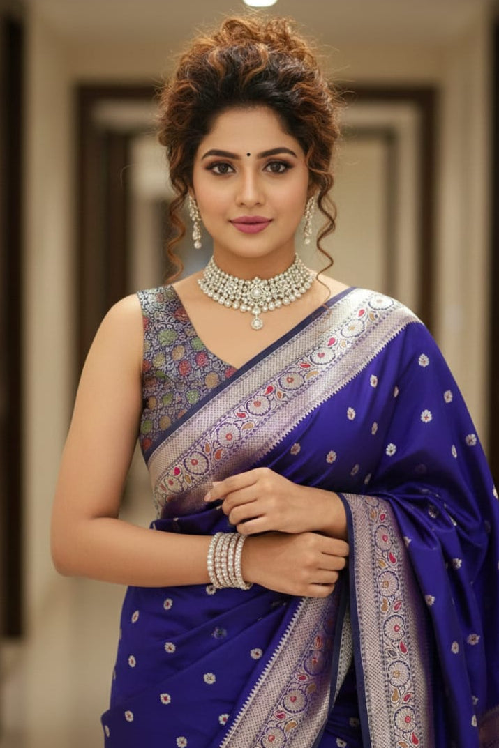 Woman in a blue saree with intricate patterns indoors