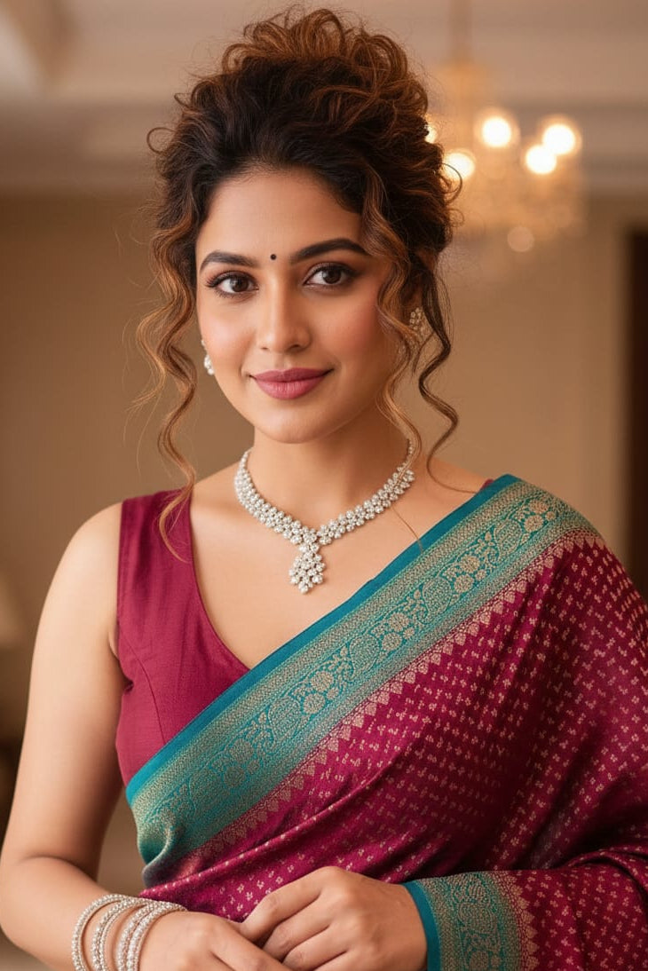 Woman wearing a traditional maroon saree with a blue border indoors.