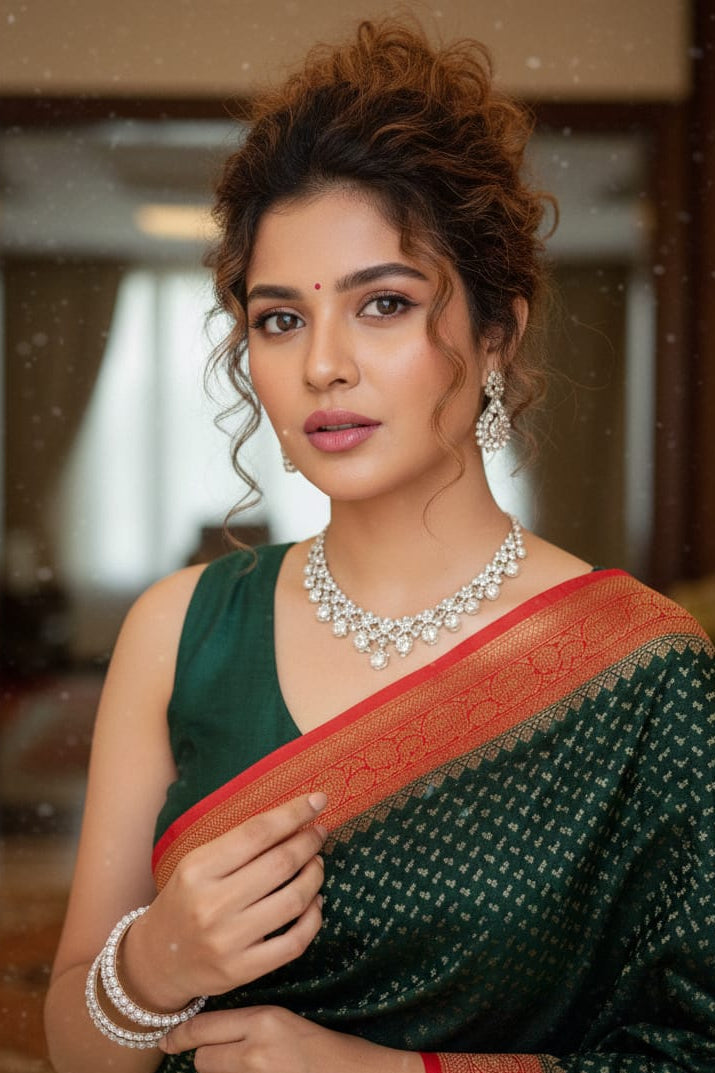 Woman in a green saree with a red border, wearing jewelry indoors.