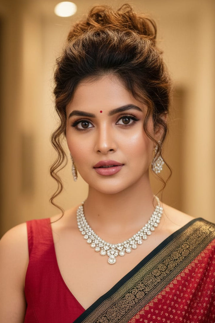 Woman wearing a red saree with gold border and pearl necklace indoors.