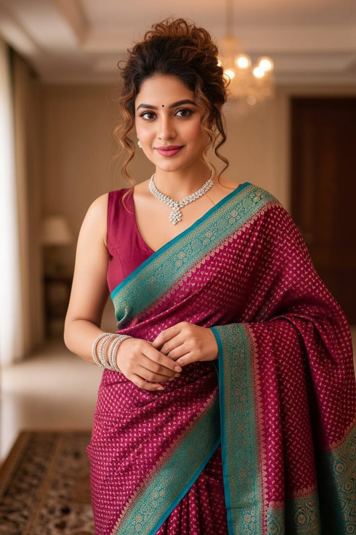 Woman in a traditional maroon saree with green border indoors
