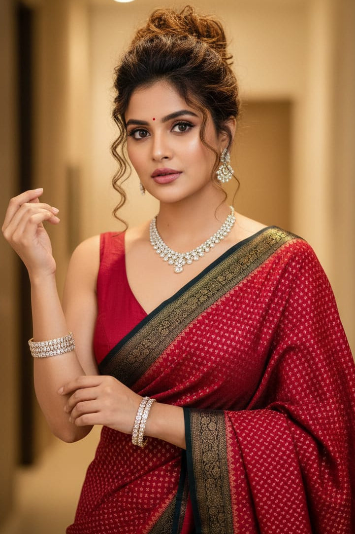 Woman in a red saree with gold border, wearing jewelry indoors.