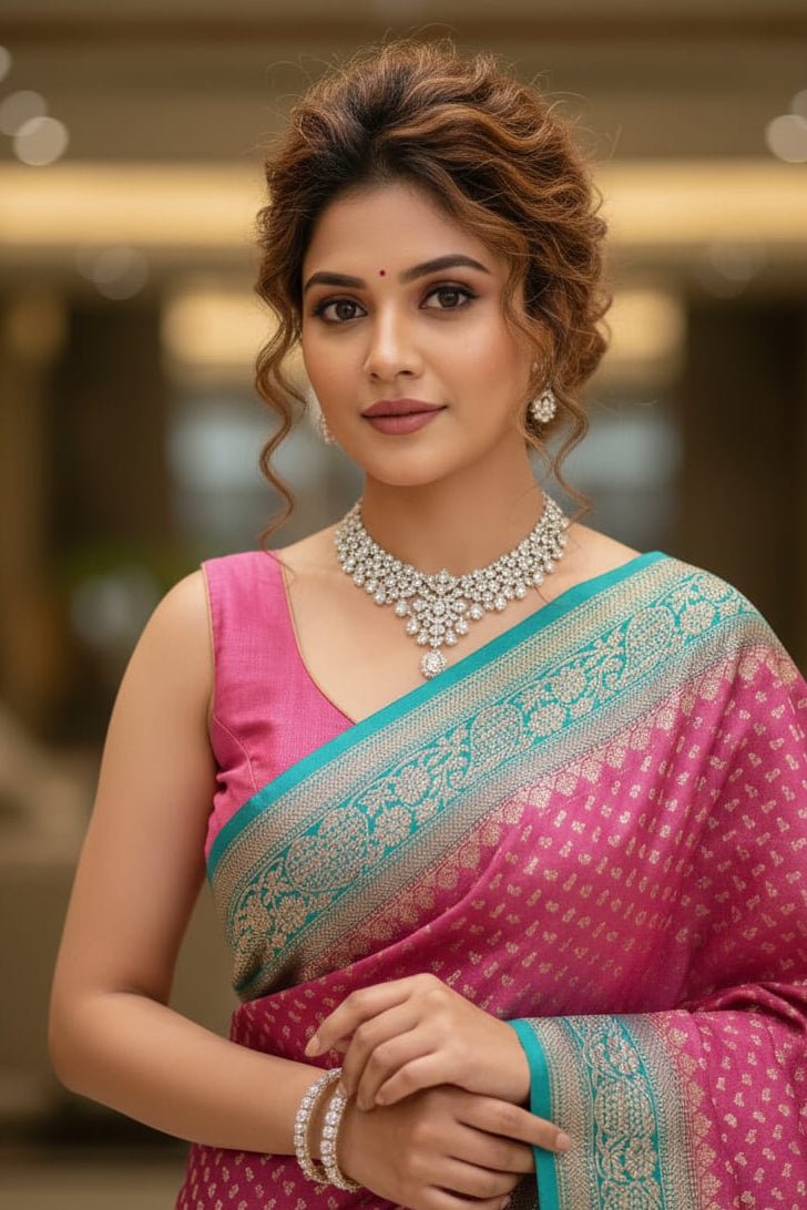 Woman in a pink saree with a blue border, wearing jewelry, in an indoor setting.