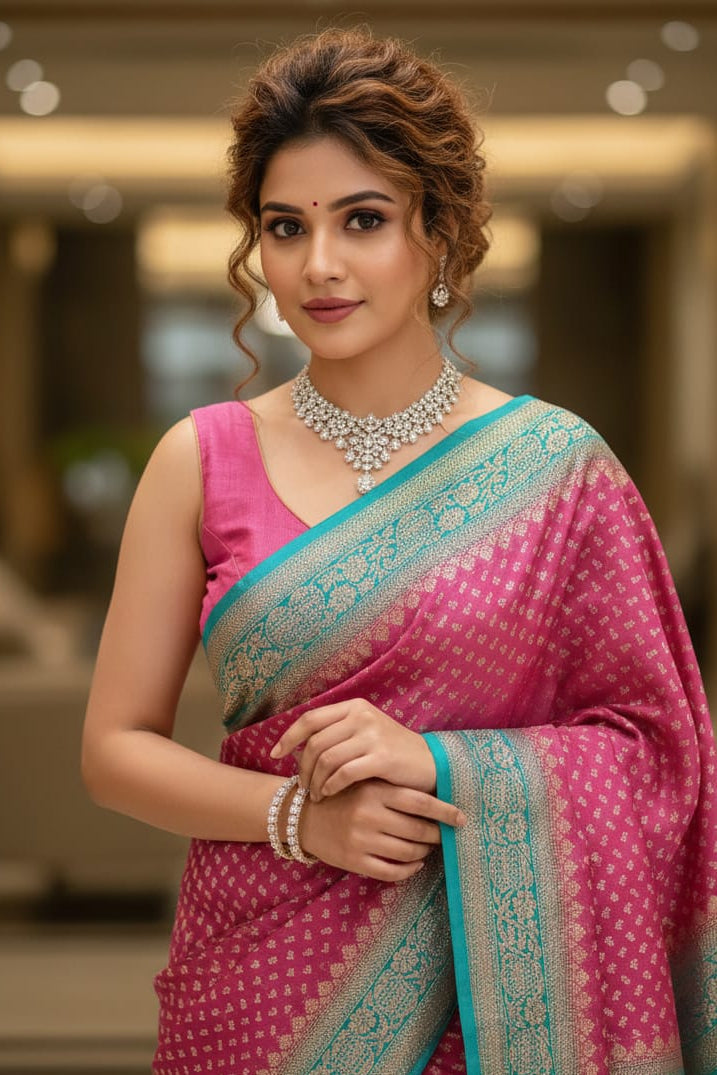 Woman in a pink saree with a blurred indoor background