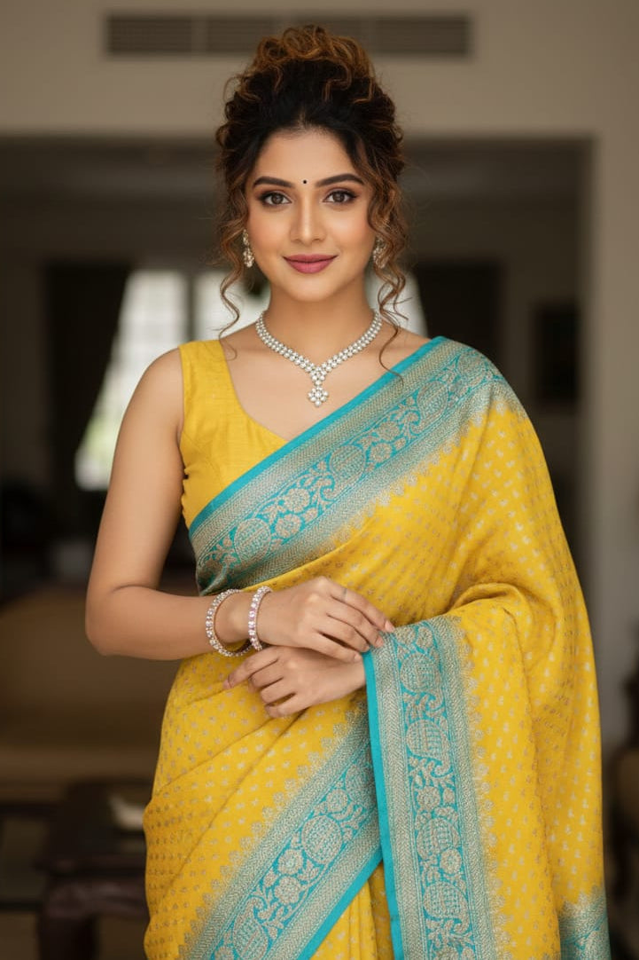 Woman wearing a yellow saree with blue border indoors