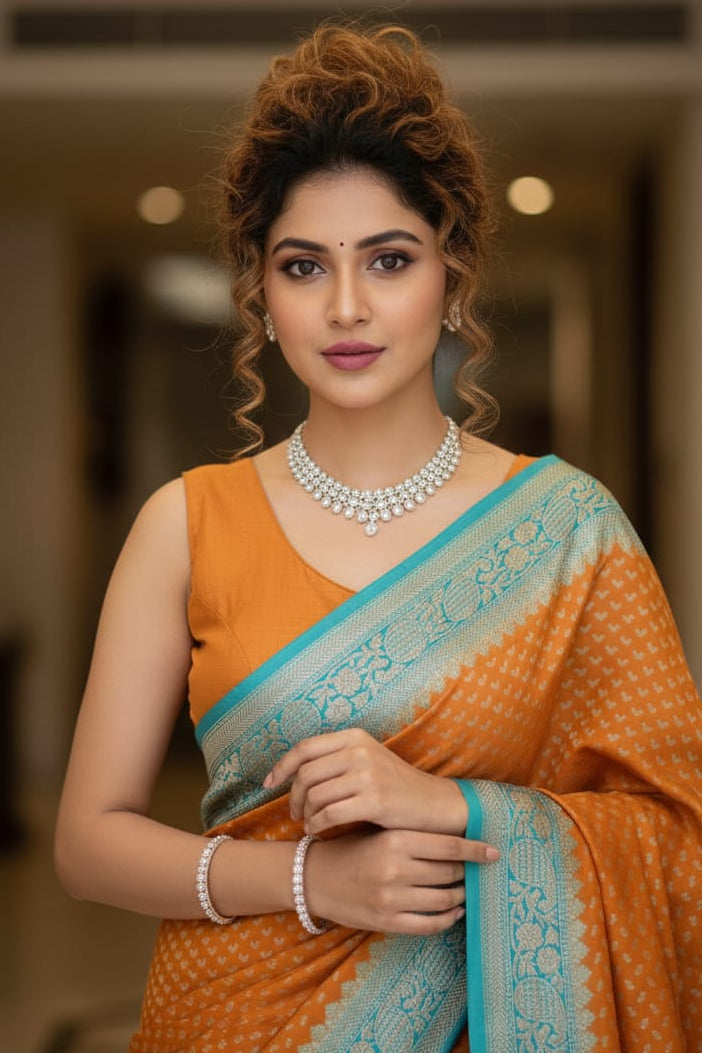 Woman in an orange saree with a blue border indoors