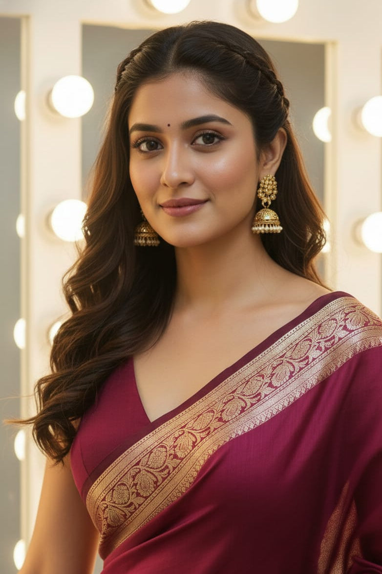 Woman wearing a maroon saree with gold border in front of light bulbs