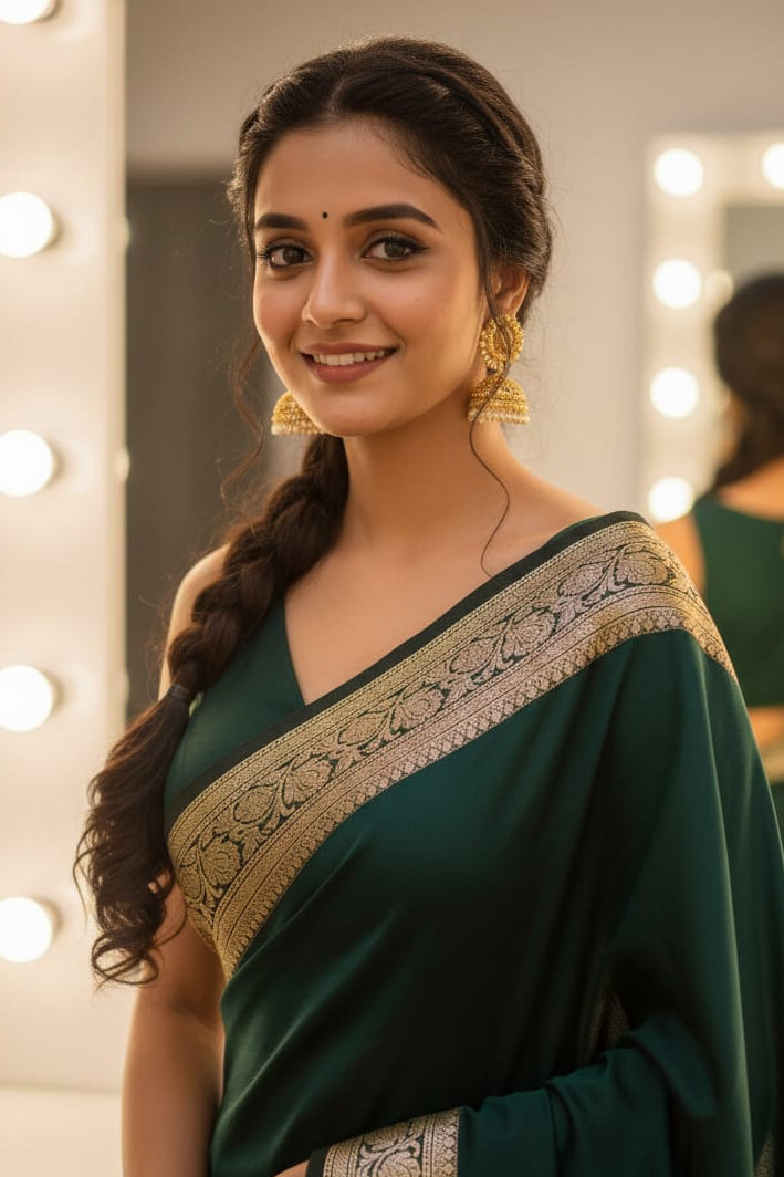 Woman in a green saree with gold embroidery standing in front of a mirror with lights.