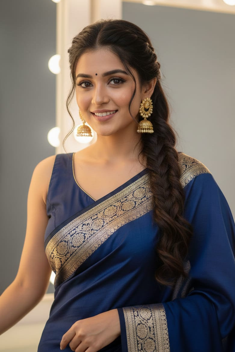 Woman in a blue saree with gold patterns standing in front of a mirror with lights.