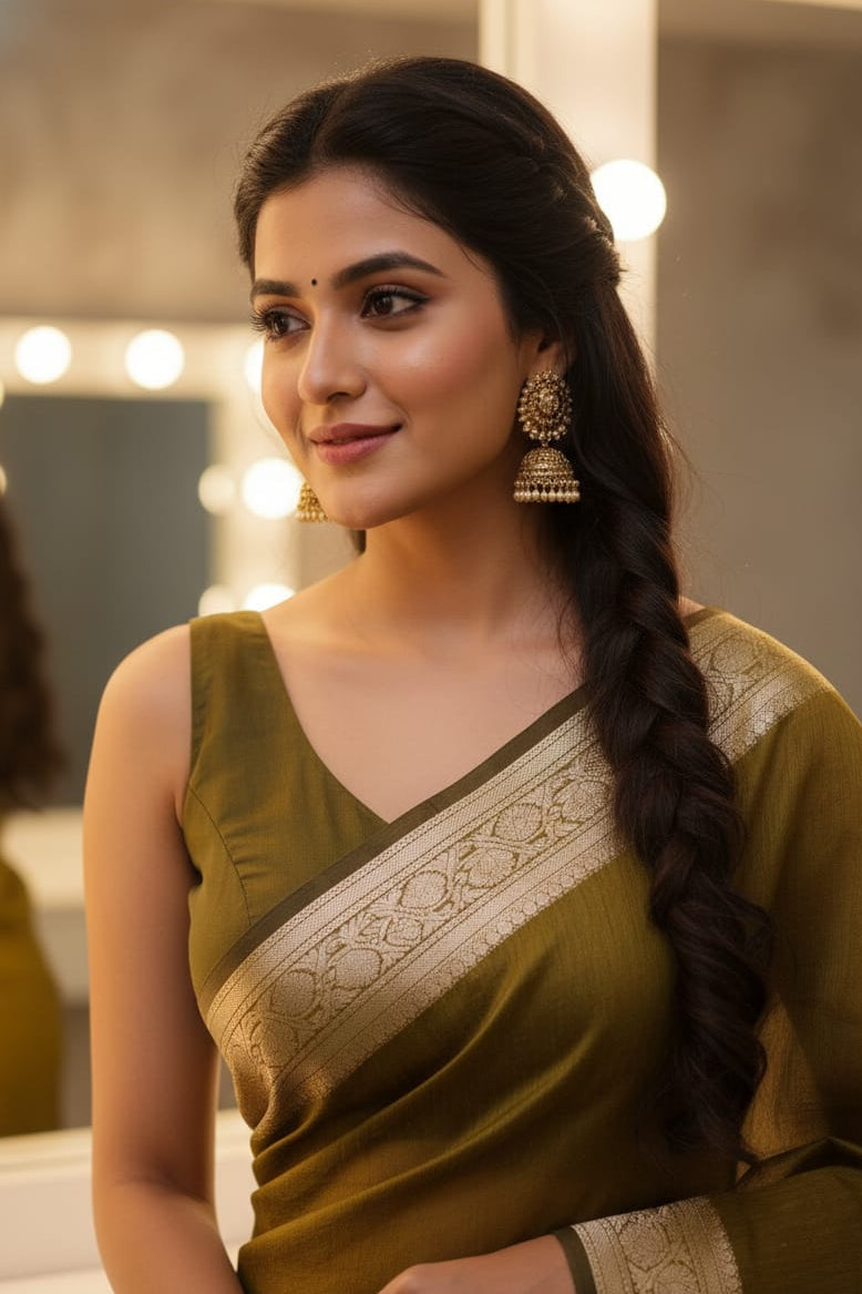 Woman in a green saree with a braid, wearing gold earrings, in a softly lit room.