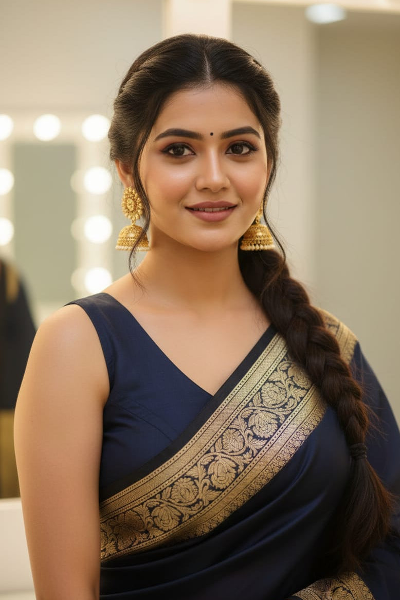Woman in a navy blue saree with gold border indoors