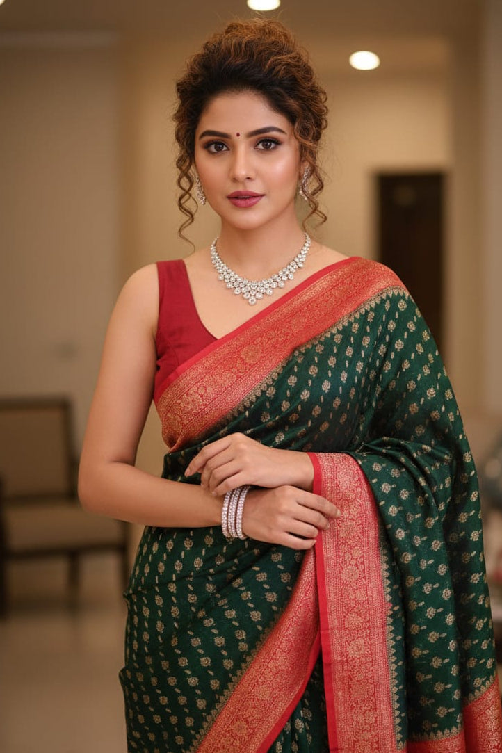 Woman wearing a green and red saree with jewelry indoors.