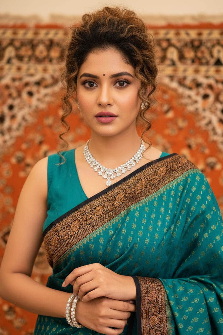 Woman in a teal saree with a patterned background