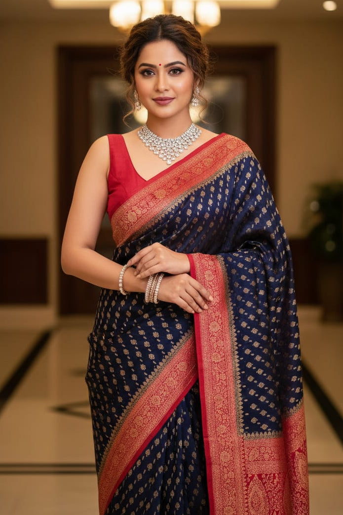 Woman in a blue saree with red border indoors