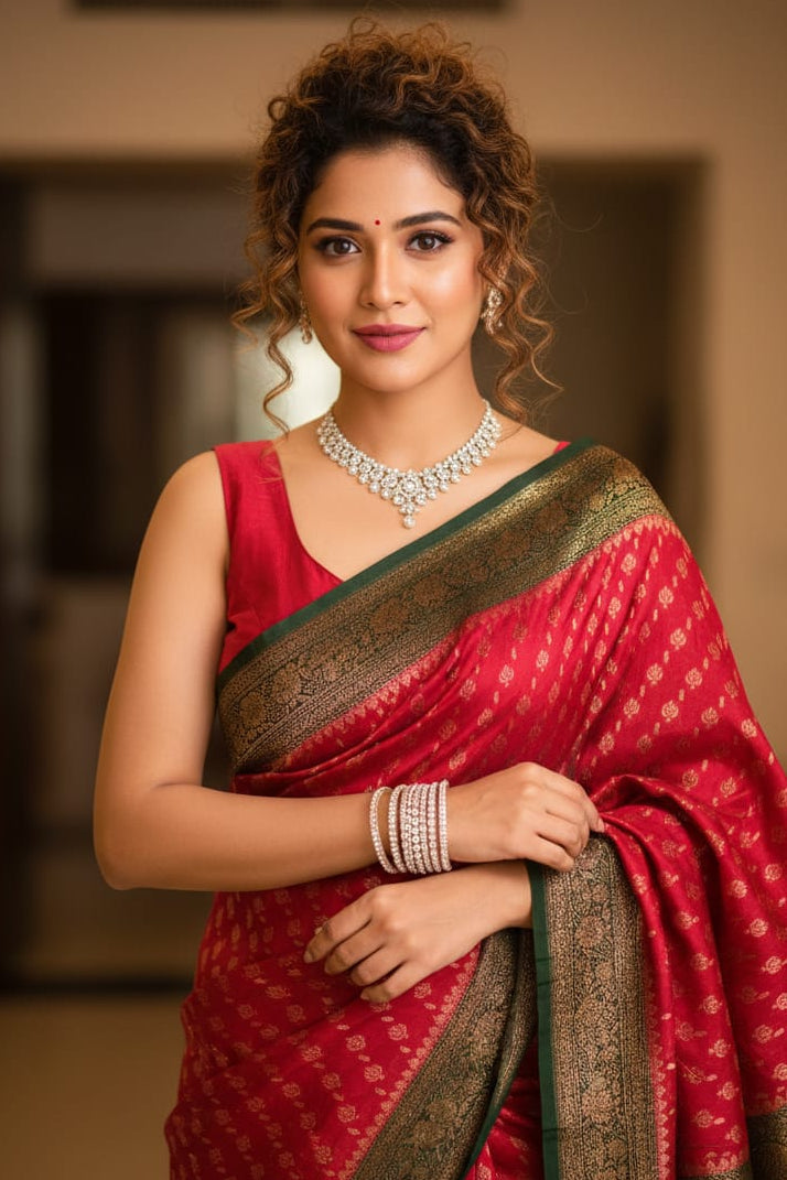 Woman in a red saree with gold border, wearing jewelry, against a blurred indoor background