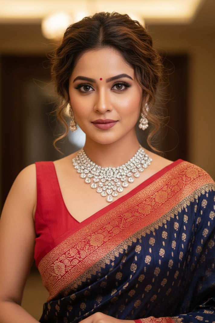 Woman wearing a traditional saree with jewelry indoors
