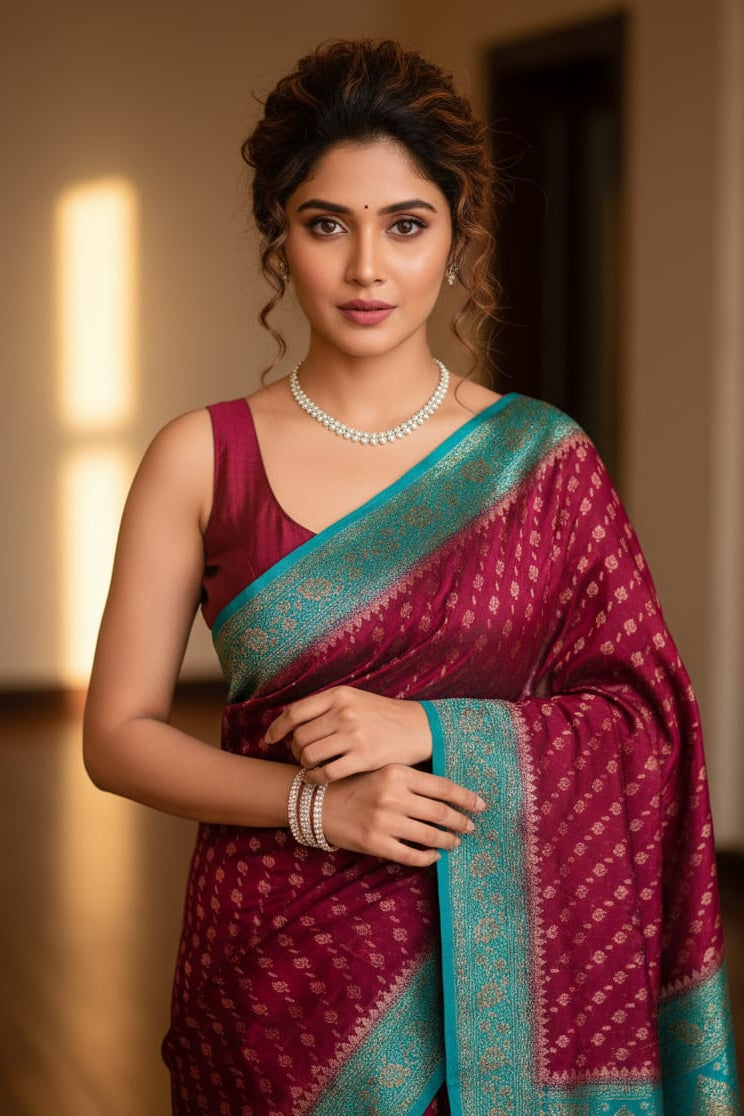 Woman wearing a maroon saree with a green border indoors