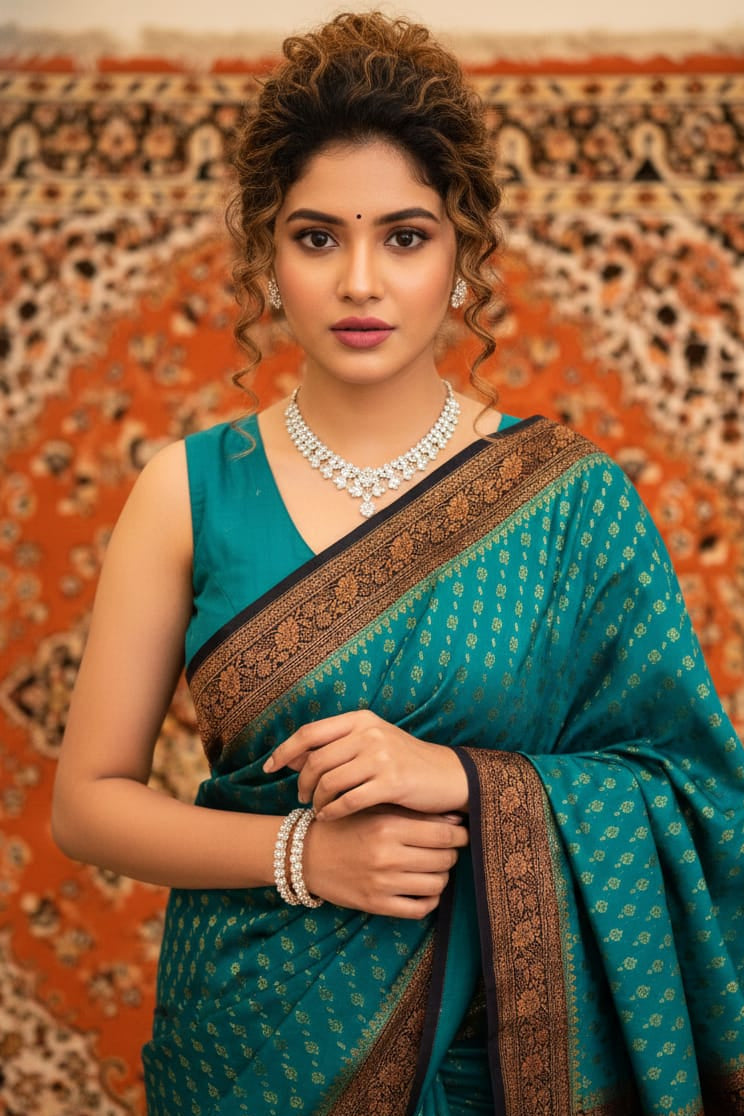 Woman wearing a teal saree with a brown border against a patterned wall.